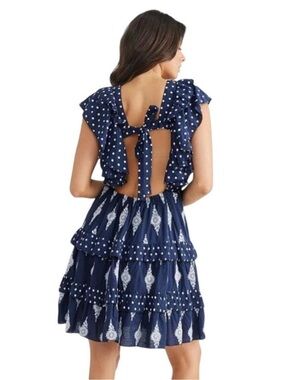 Talisman Label NWT Navy Embroidered Ruffle Mini Dress XS Boho Cotton Tie Back